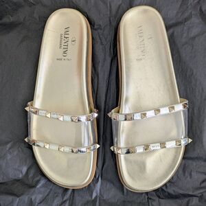 Valentino Garavani Rockstud Sandals Slides Leather PVC Clear Gold 41/10US Women